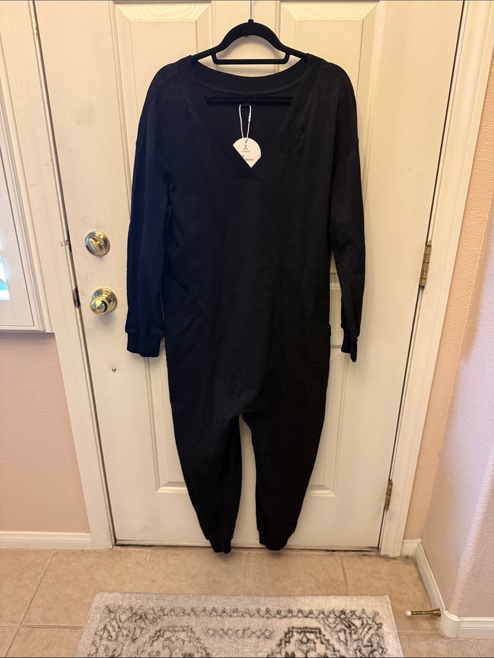 Womens Black One-Piece Romper - Cozy V-Neck